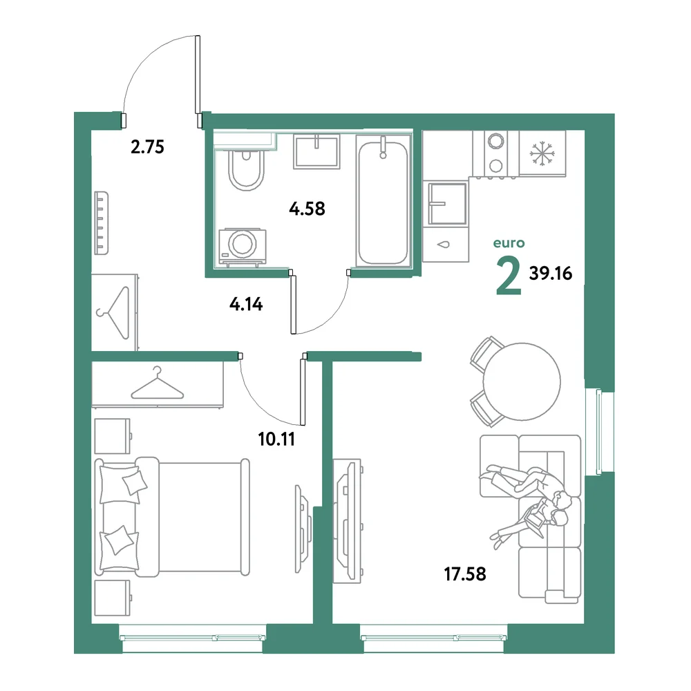 Планировка: Остров-сад 2-комнатная 39,16м²