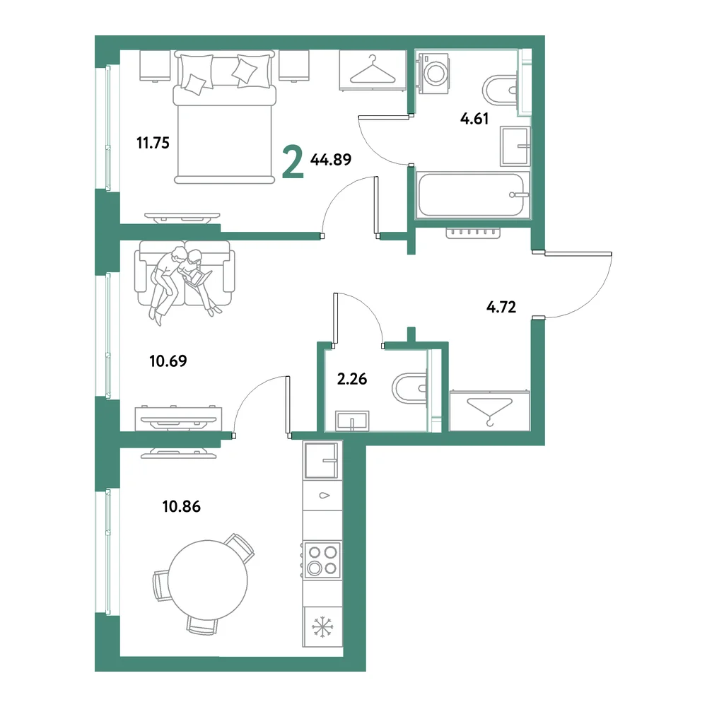 Планировка: Остров-сад 2-комнатная 44,89м²