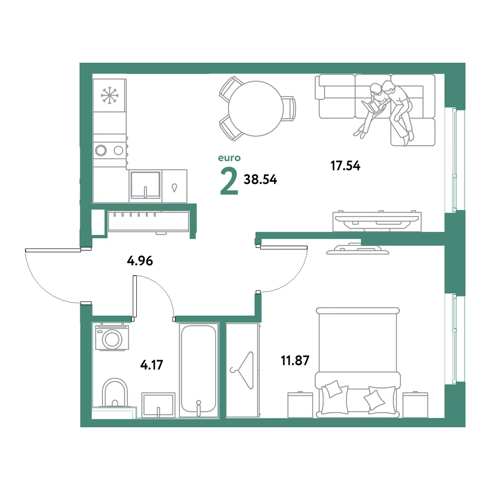 Планировка: Остров-сад 2-комнатная 38,54м²