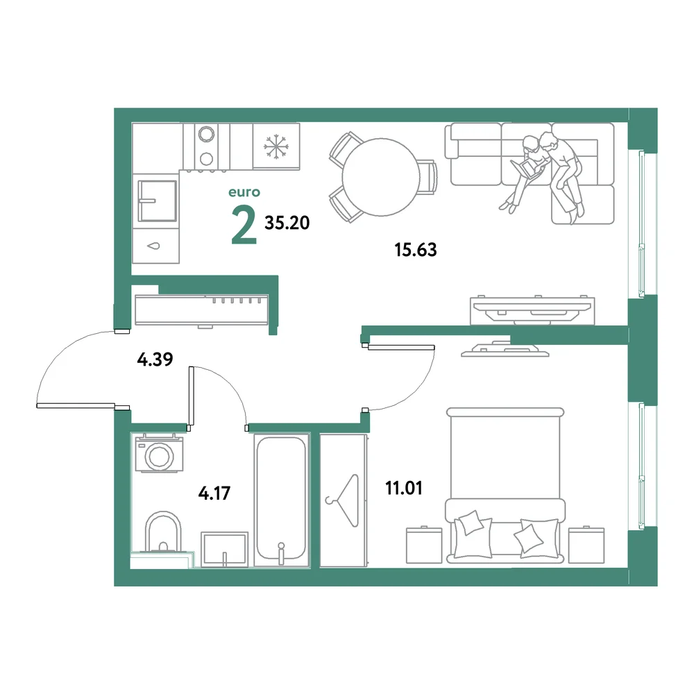 Планировка: Остров-сад 2-комнатная 35,20м²