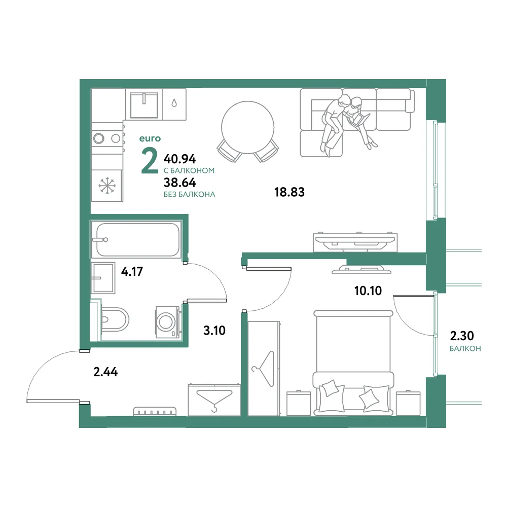 Планировка: Остров-сад 2-комнатная 40,94м²