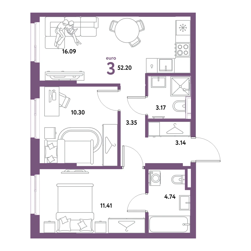Планировка: Остров-сад 3-комнатная 52,20м²