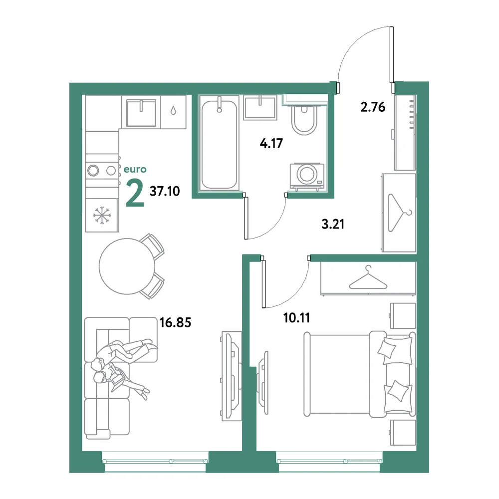 Планировка: Остров-сад 2-комнатная 37,10м²