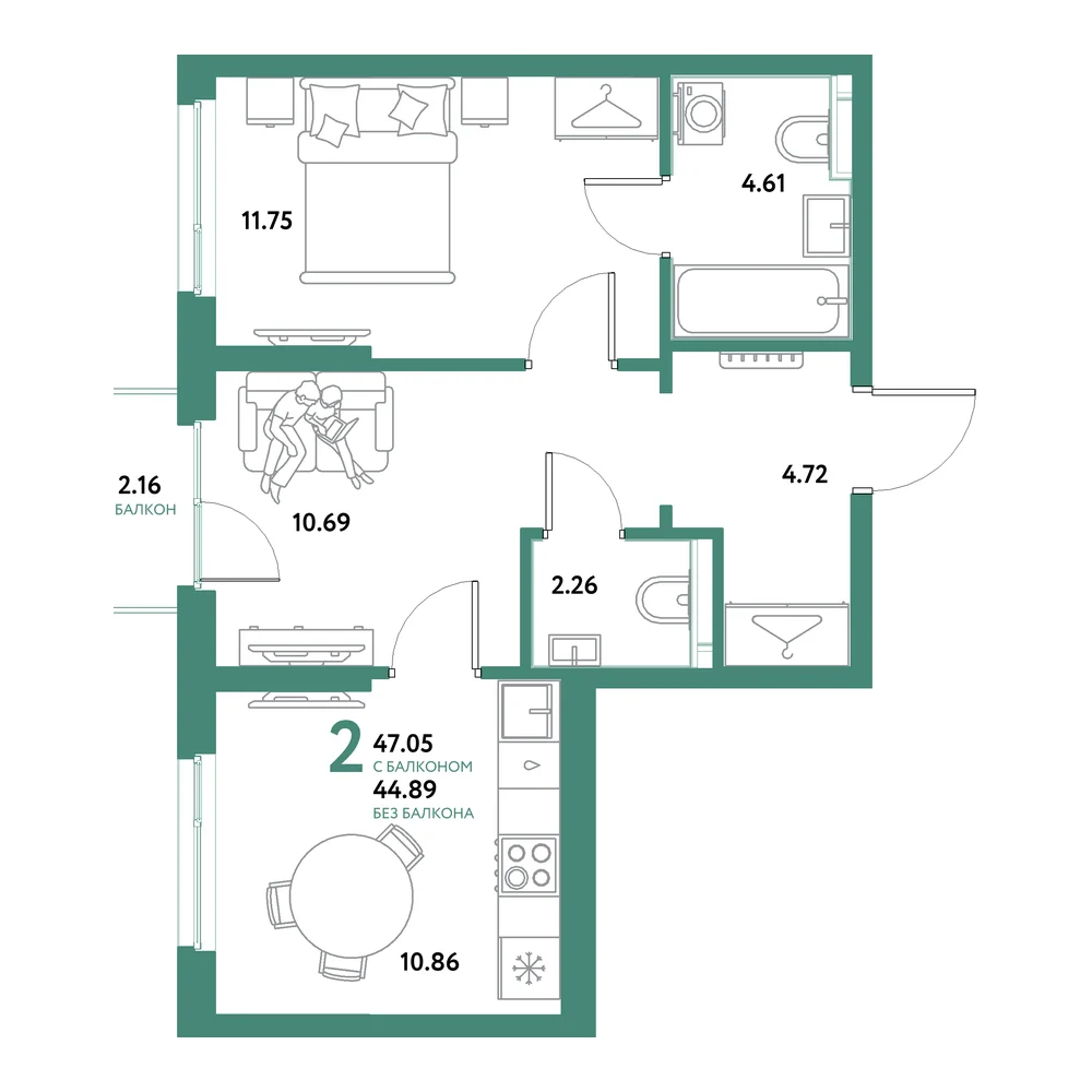 Планировка: Остров-сад 2-комнатная 47,05м²