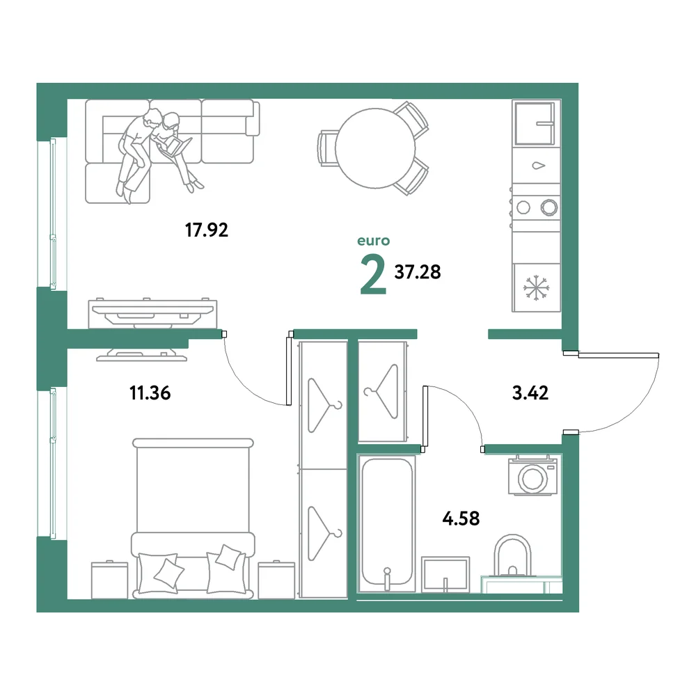 Планировка: Остров-сад 2-комнатная 37,28м²