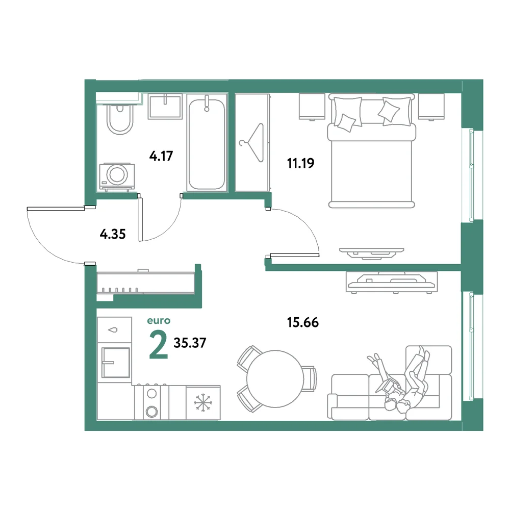 Планировка: Остров-сад 2-комнатная 35,37м²
