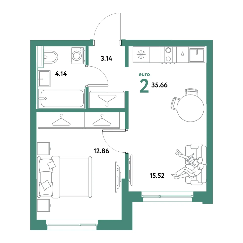 Планировка: Остров-сад 2-комнатная 35,66м²