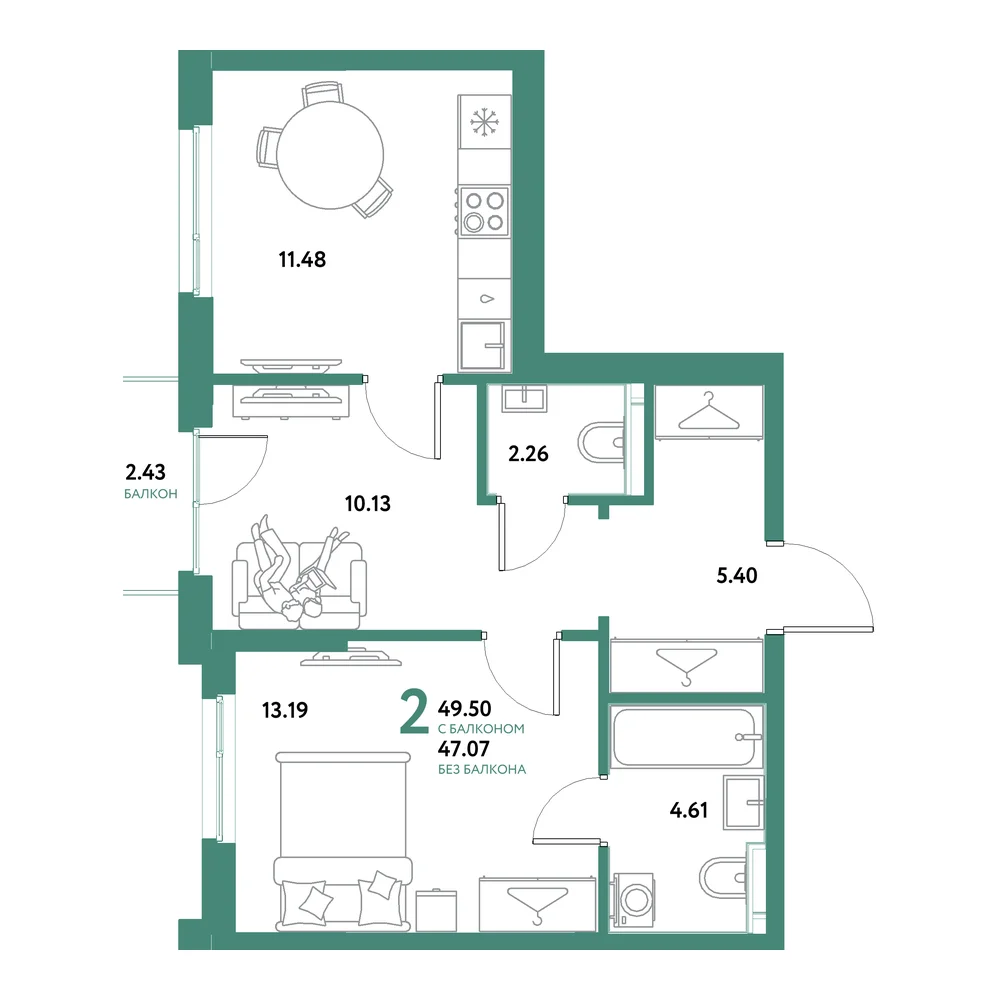 Планировка: Остров-сад 2-комнатная 49,50м²