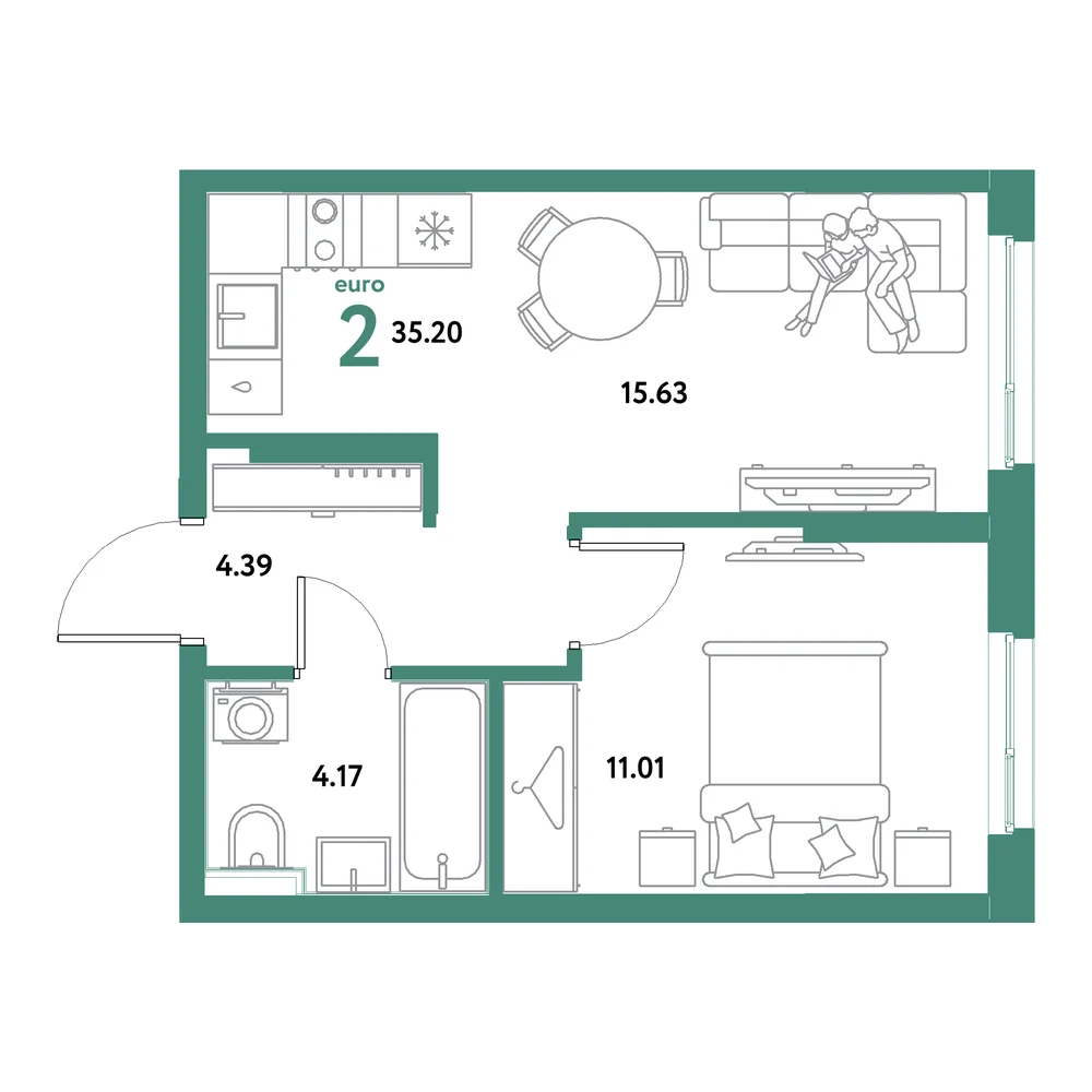Планировка: Остров-сад 2-комнатная 35,20м²