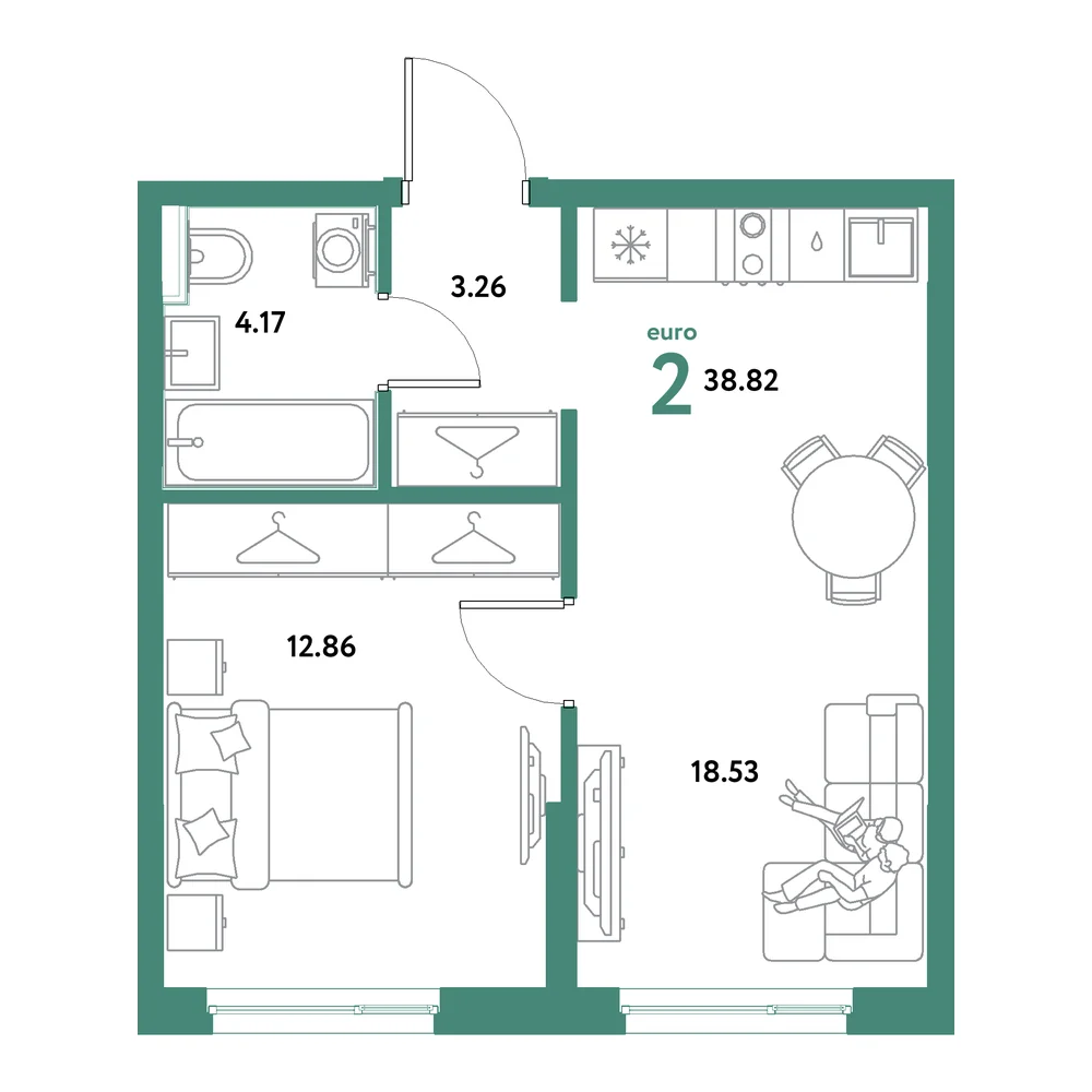 Планировка: Остров-сад 2-комнатная 38,82м²