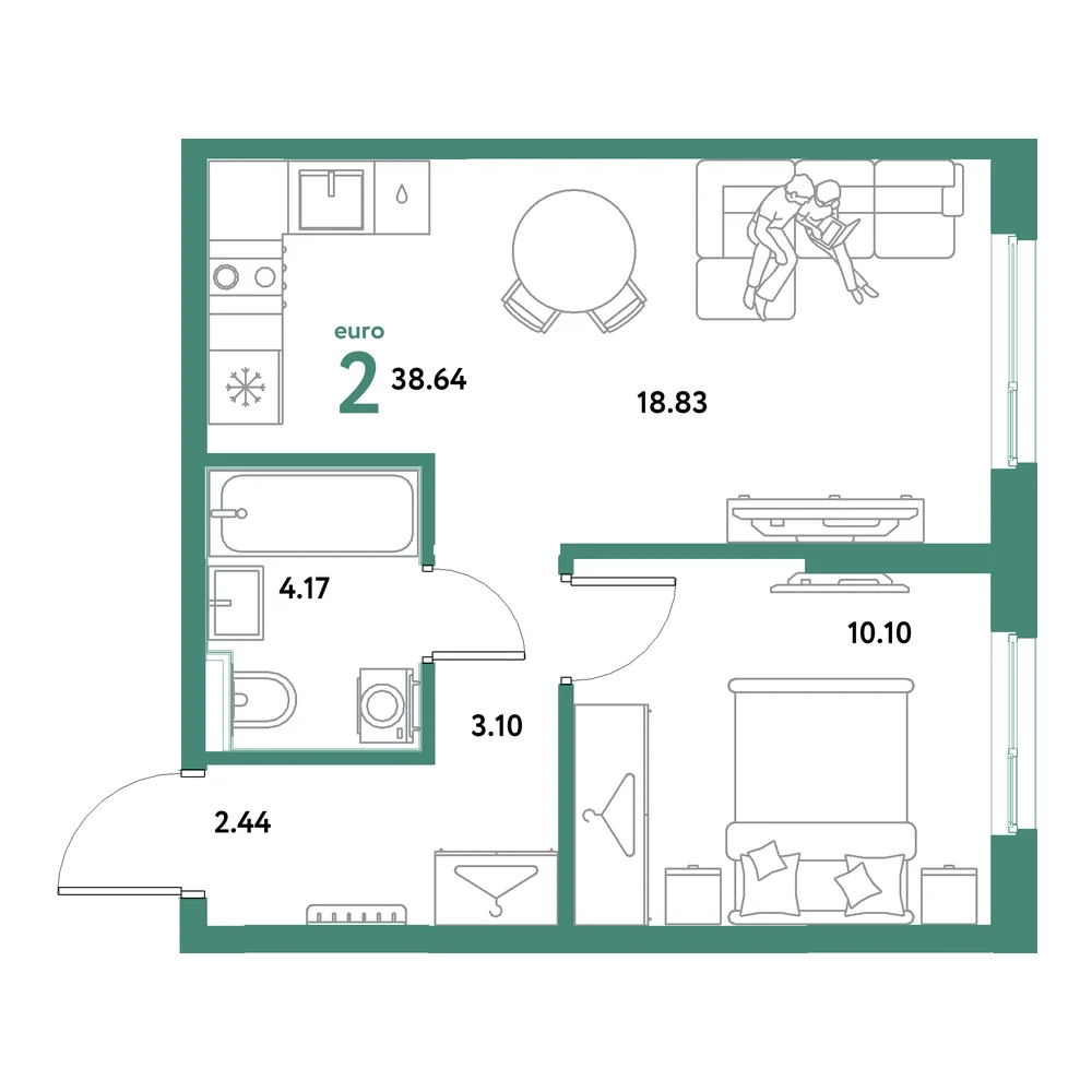 Планировка: Остров-сад 2-комнатная 38,64м²