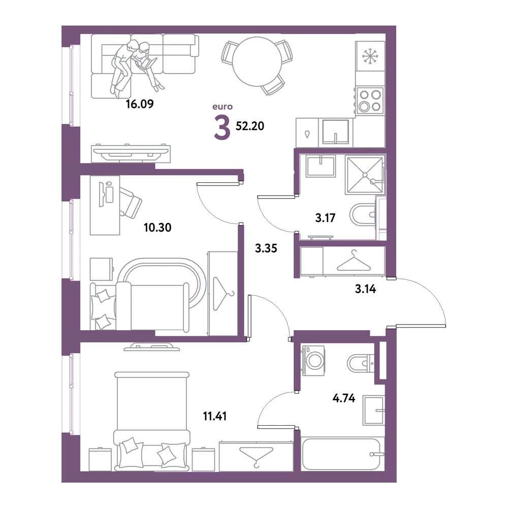 Планировка: Остров-сад 3-комнатная 52,20м²