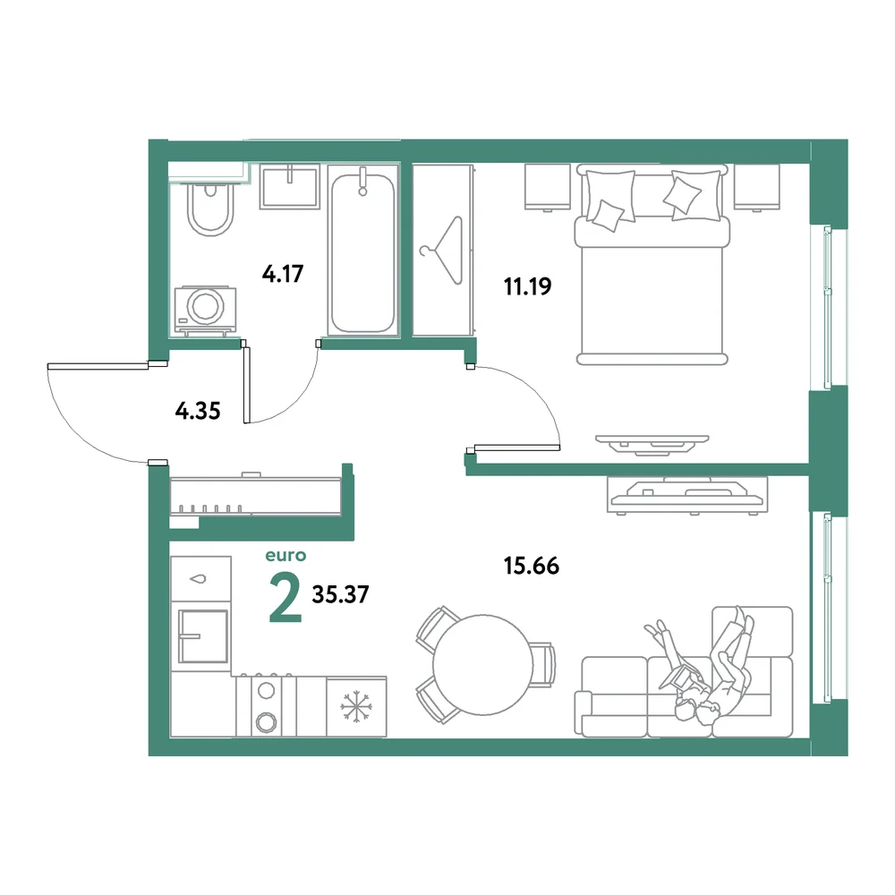 Планировка: Остров-сад 2-комнатная 35,37м²