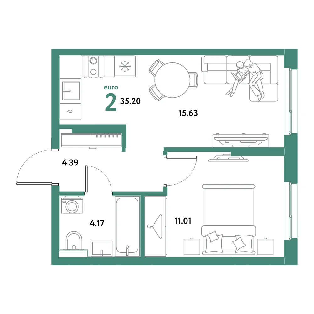 Планировка: Остров-сад 2-комнатная 35,20м²