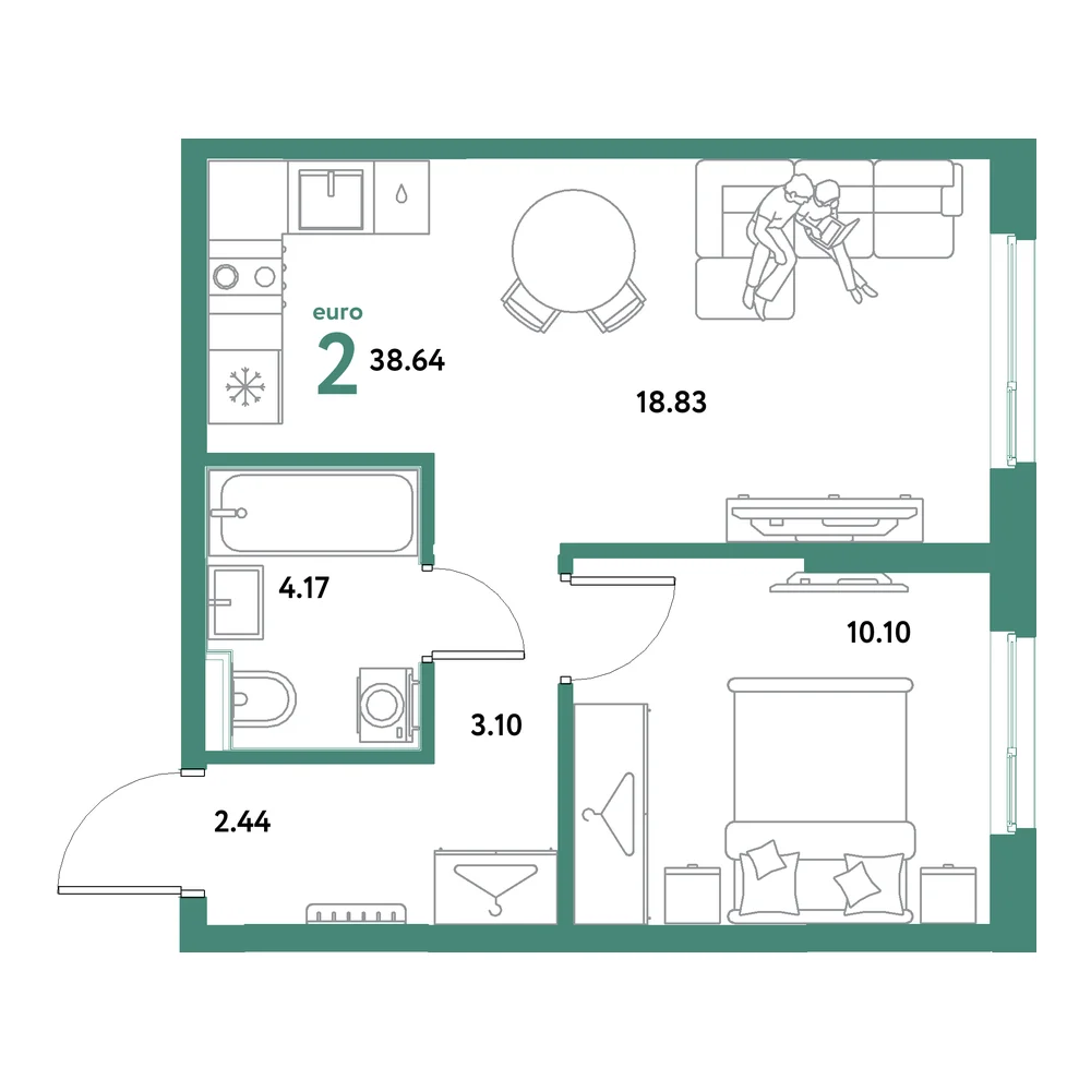 Планировка: Остров-сад 2-комнатная 38,64м²