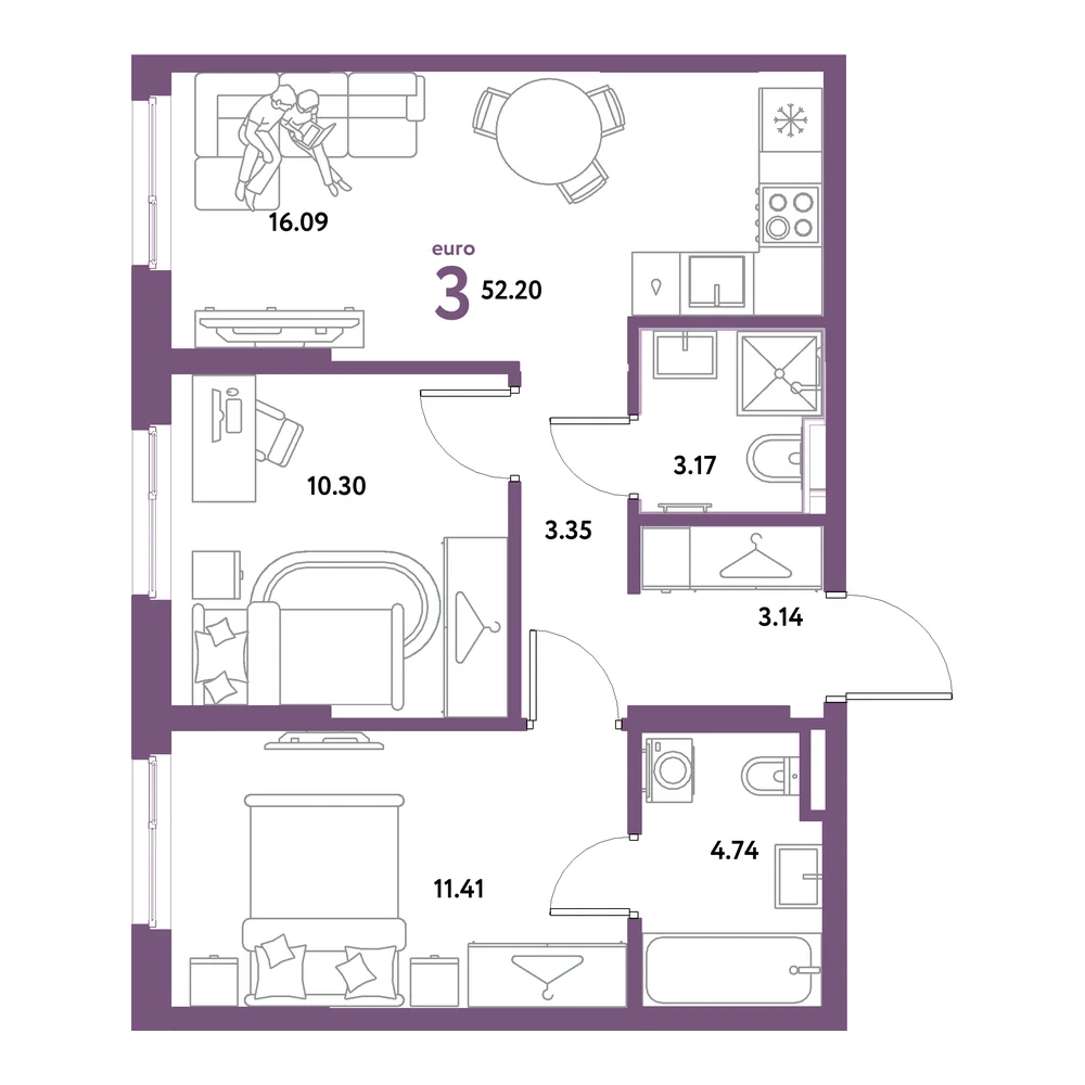 Планировка: Остров-сад 3-комнатная 52,20м²