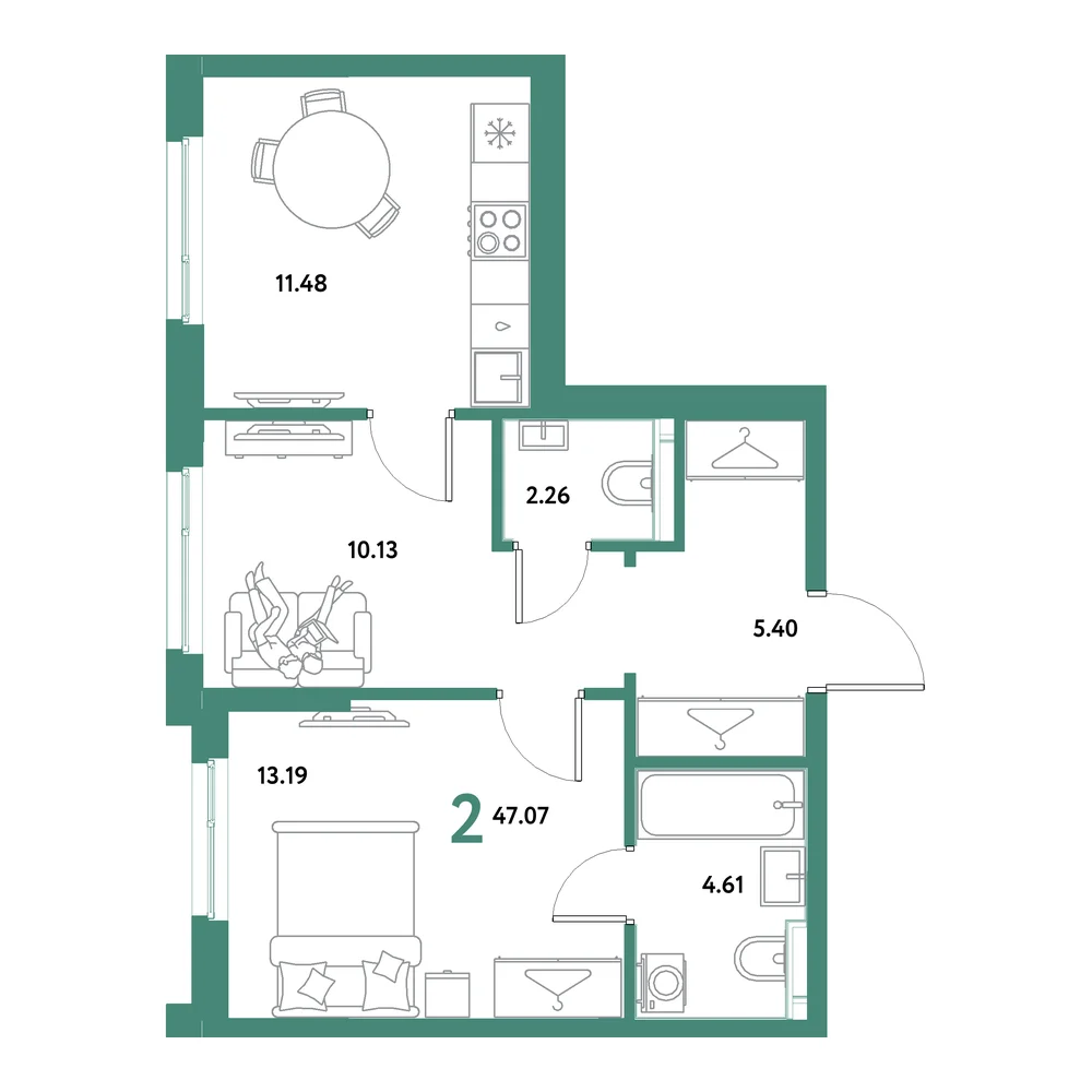 Планировка: Остров-сад 2-комнатная 47,07м²
