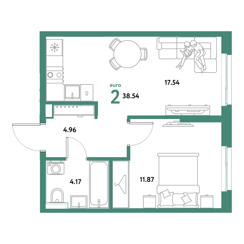 Планировка: Остров-сад 2-комнатная 38,54м²