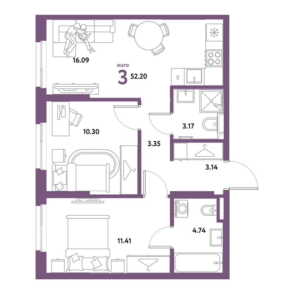 Планировка: Остров-сад 3-комнатная 52,20м²