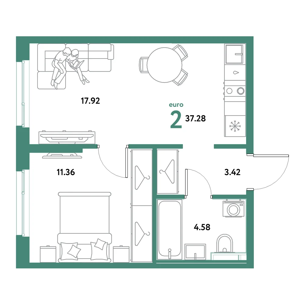 Планировка: Остров-сад 2-комнатная 37,28м²