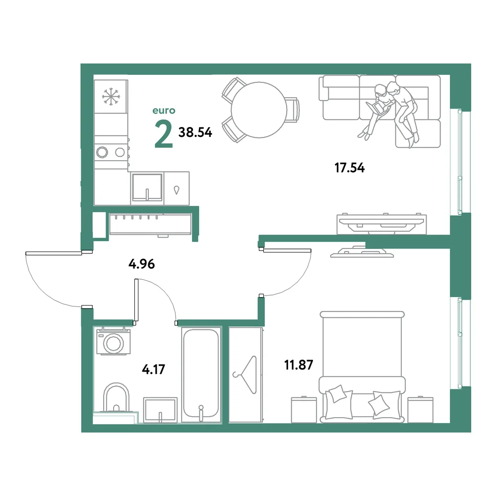 Планировка: Остров-сад 2-комнатная 38,54м²