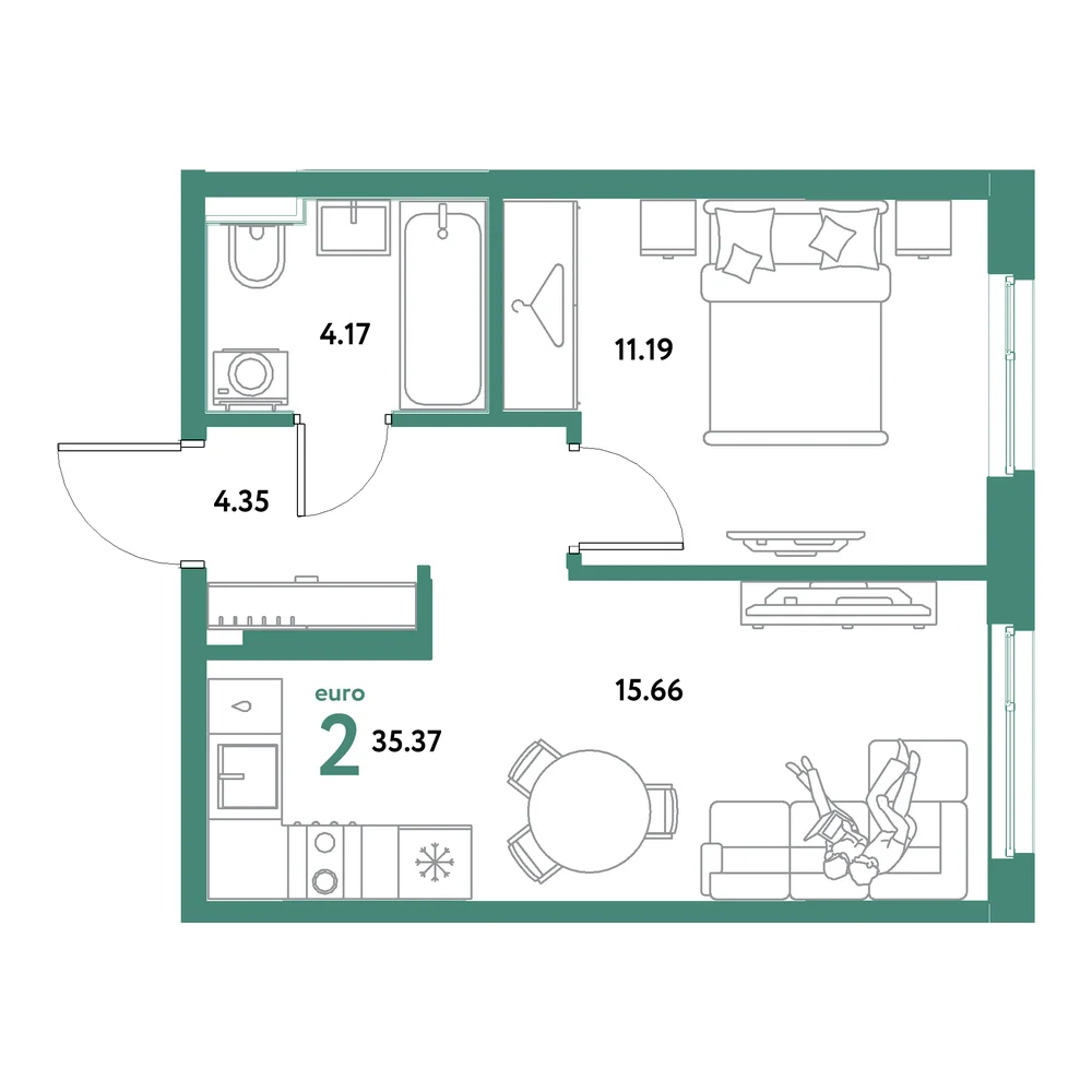 Планировка: Остров-сад 2-комнатная 35,37м²