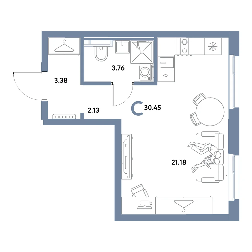 Планировка: Остров-сад Студия 30,45м²