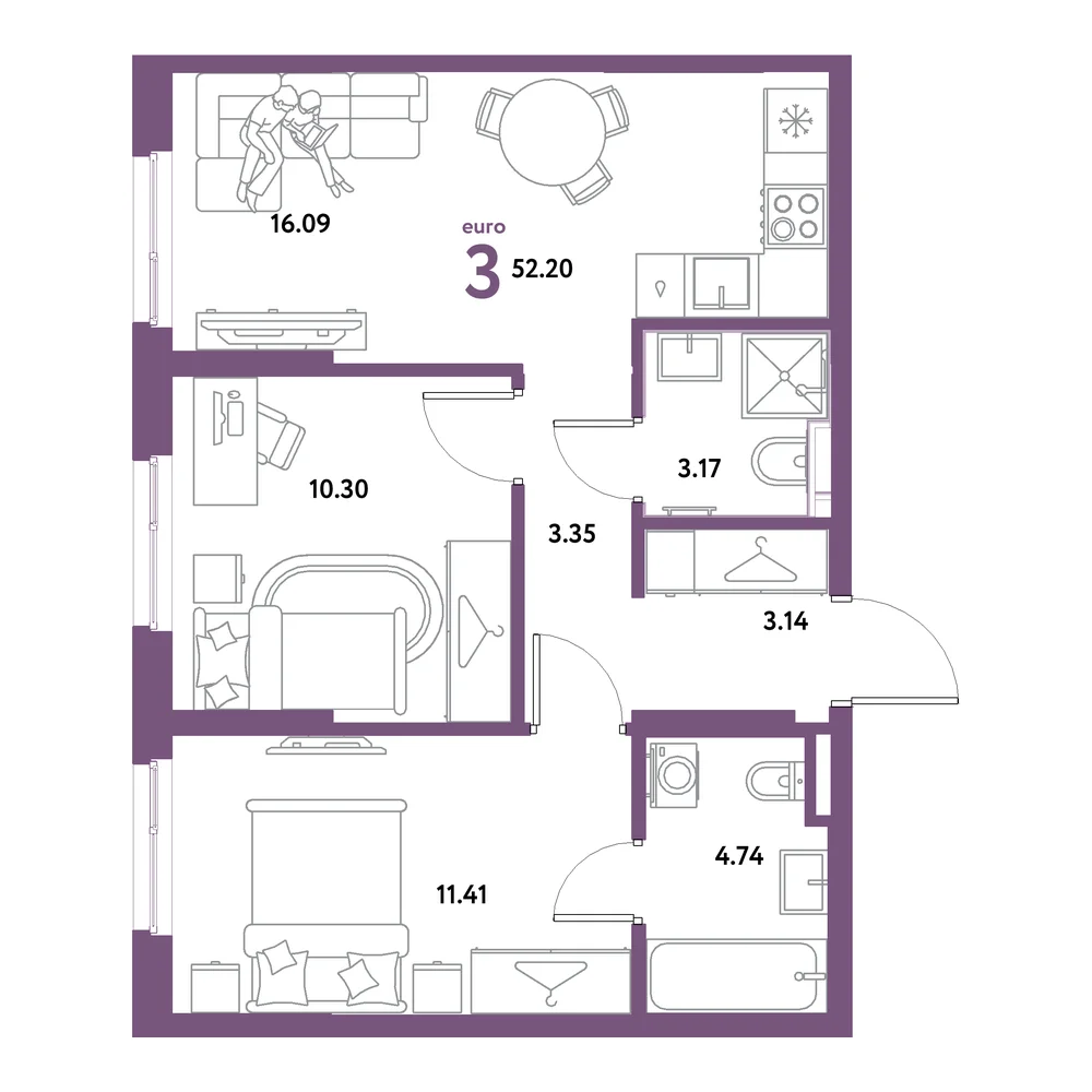 Планировка: Остров-сад 3-комнатная 52,20м²