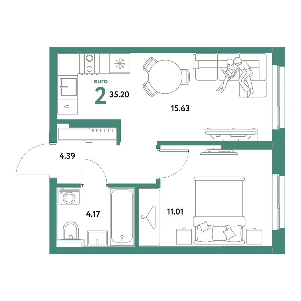 Планировка: Остров-сад 2-комнатная 35,20м²