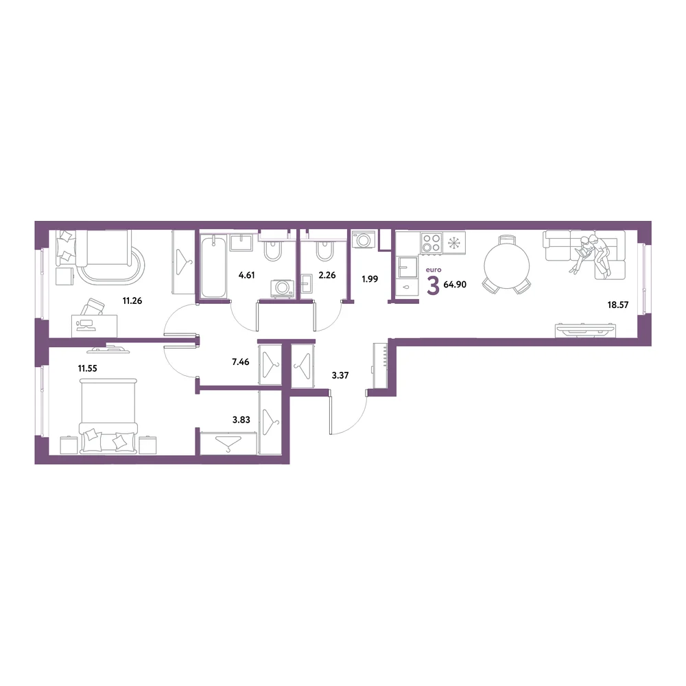 Планировка: Остров-сад 3-комнатная 64,90м²