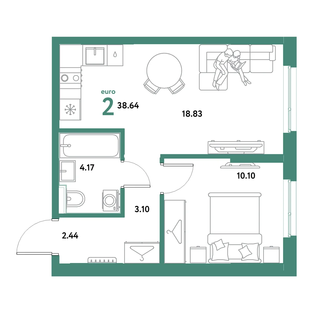 Планировка: Остров-сад 2-комнатная 38,64м²