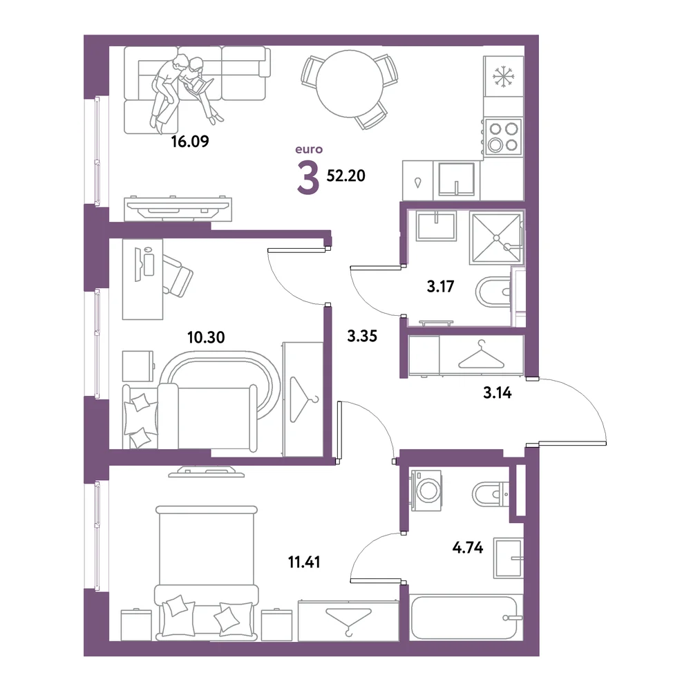 Планировка: Остров-сад 3-комнатная 52,20м²