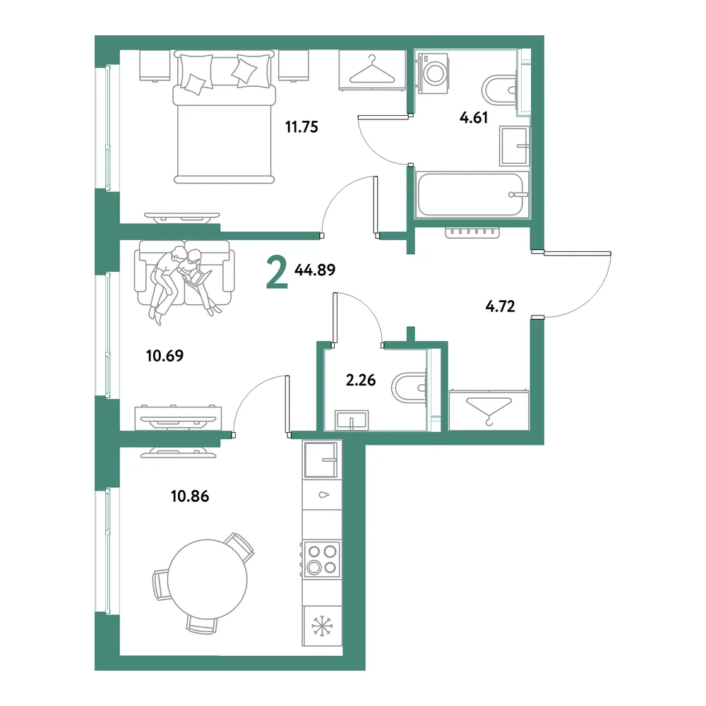 Планировка: Остров-сад 2-комнатная 44,89м²