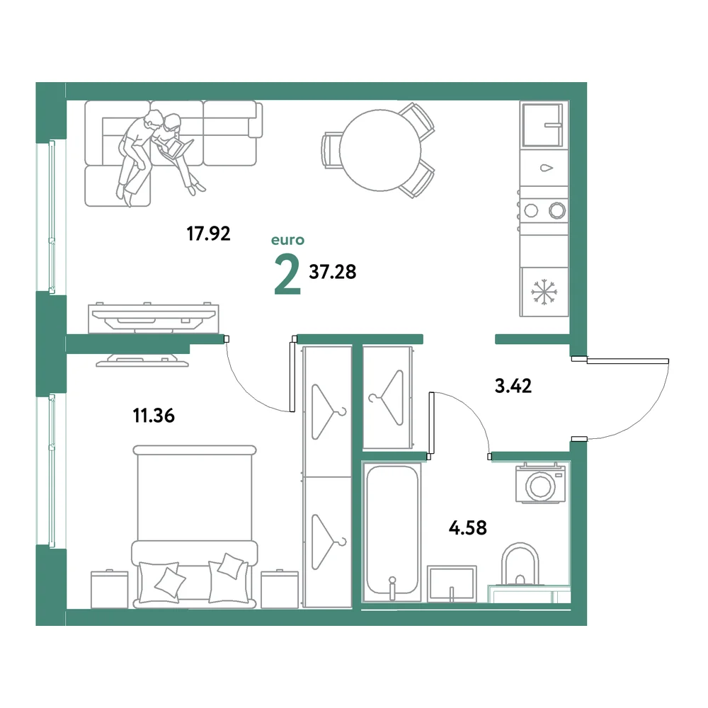 Планировка: Остров-сад 2-комнатная 37,28м²