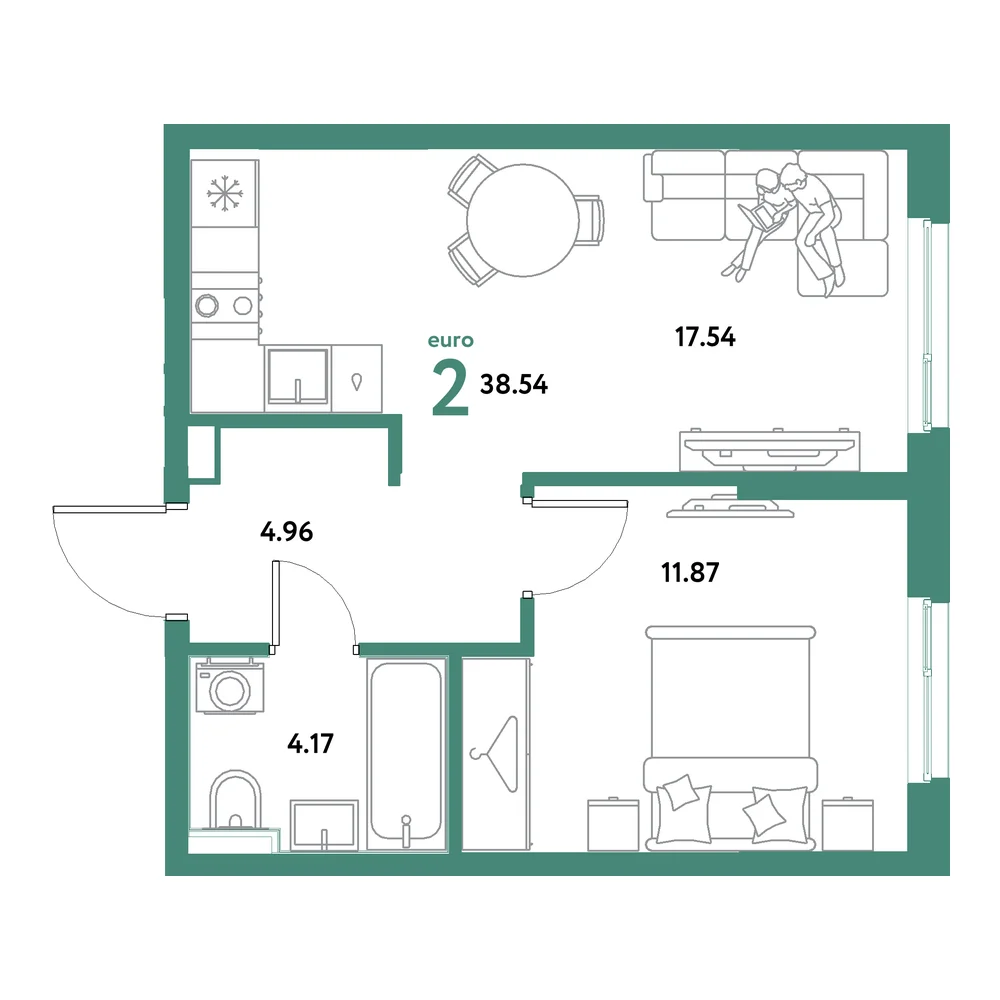 Планировка: Остров-сад 2-комнатная 38,54м²