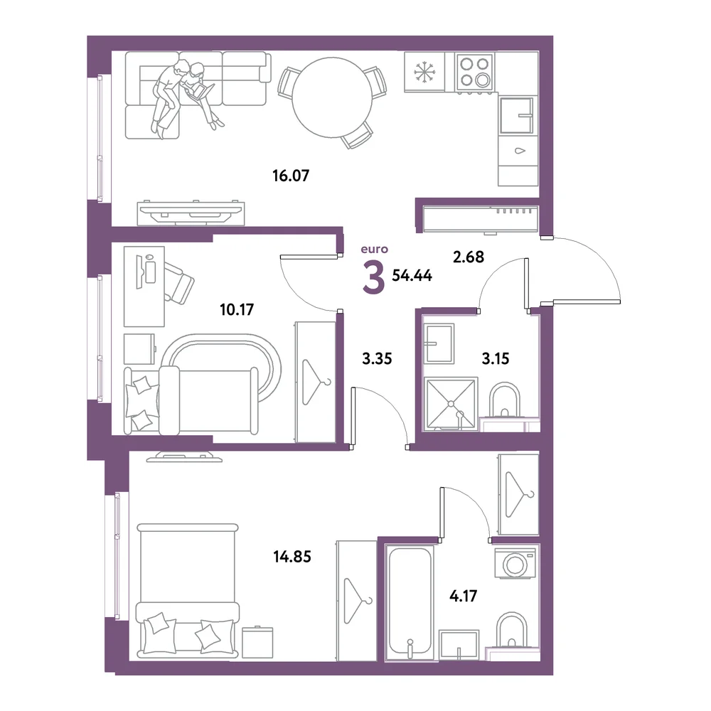 Планировка: Остров-сад 3-комнатная 54,44м²