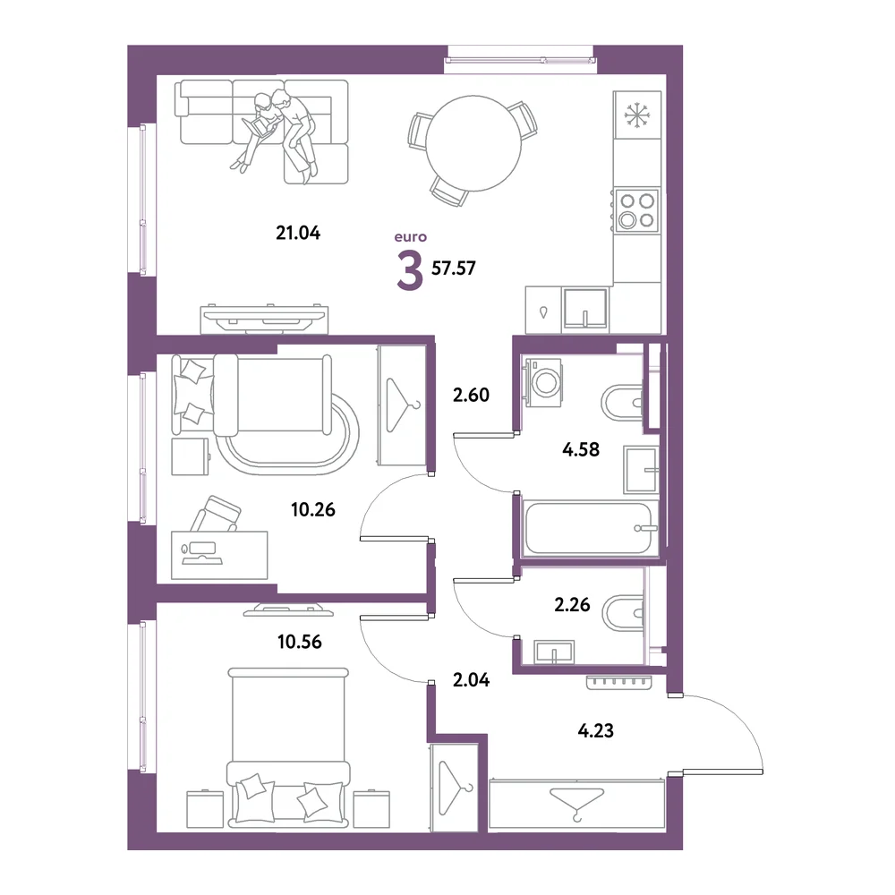 Планировка: Остров-сад 3-комнатная 57,57м²