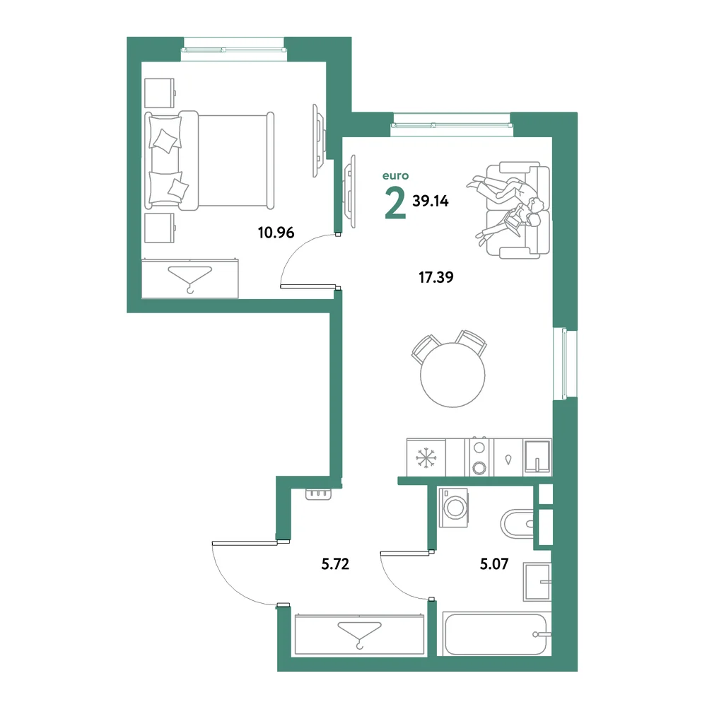Планировка: Остров-сад 2-комнатная 39,14м²
