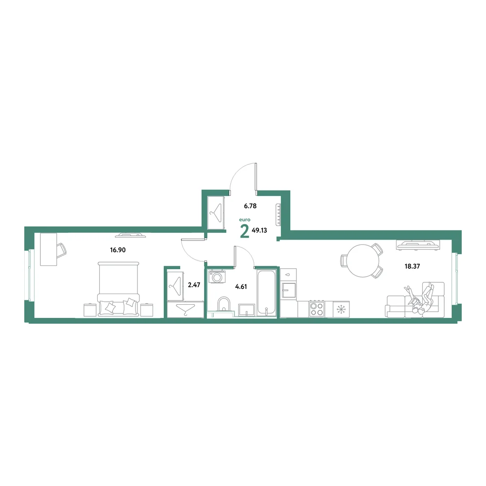 Планировка: Остров-сад 2-комнатная 49,13м²