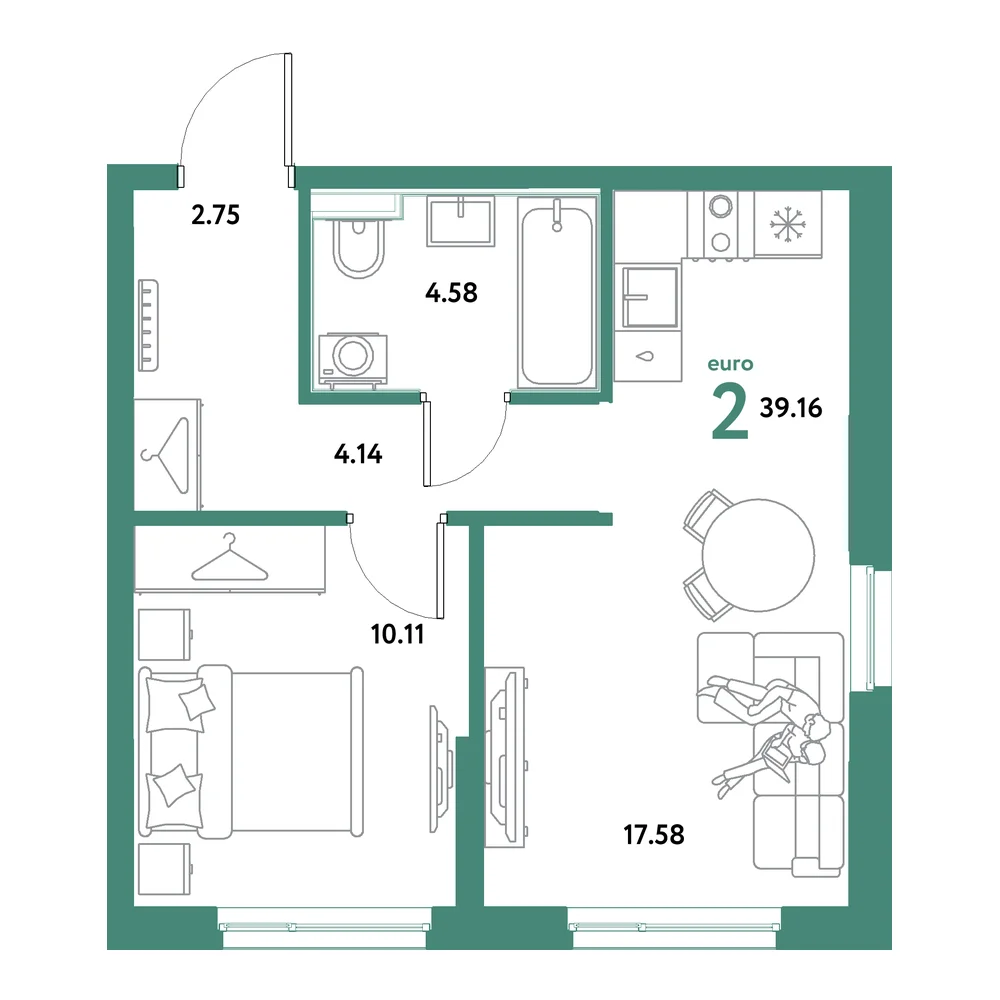 Планировка: Остров-сад 2-комнатная 39,16м²