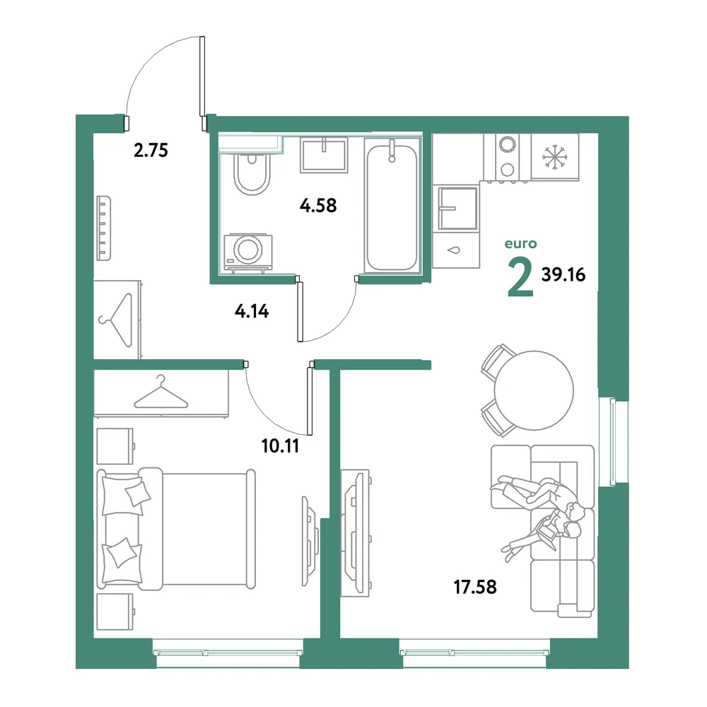 Планировка: Остров-сад 2-комнатная 39,16м²