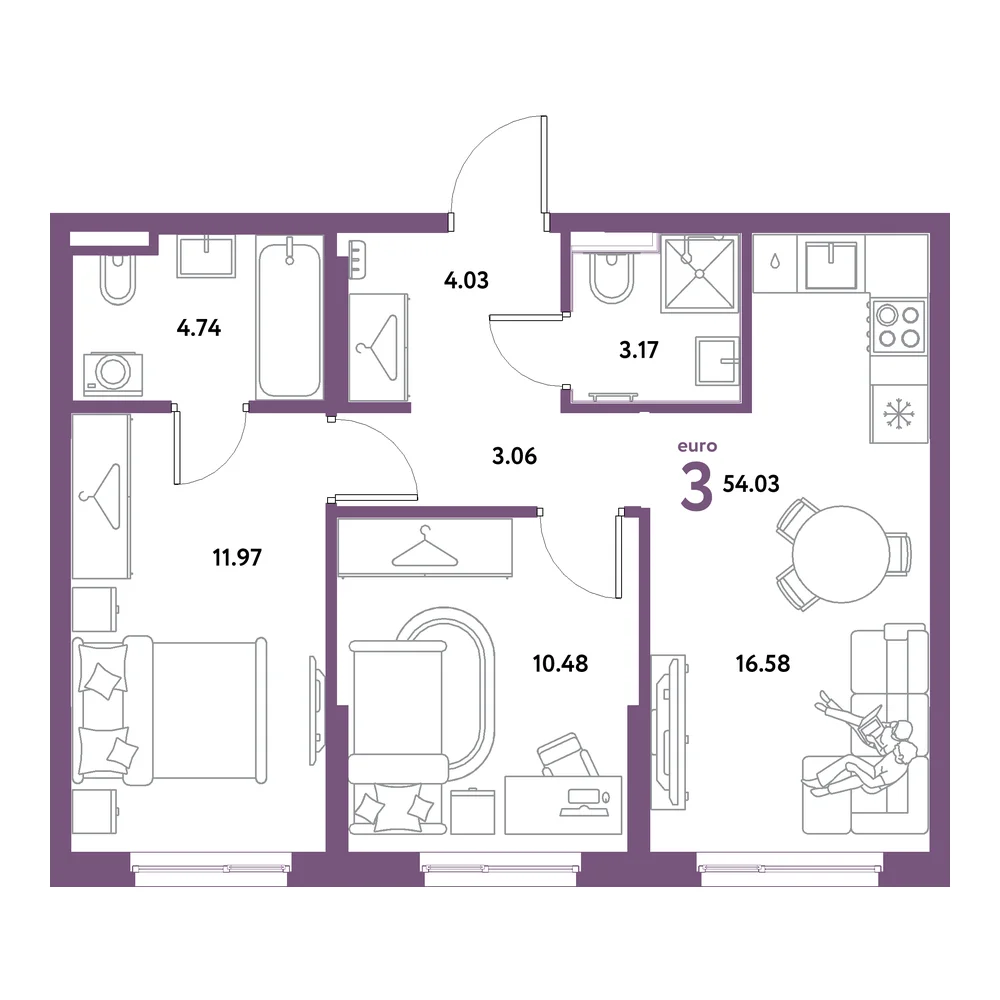 Планировка: Остров-сад 3-комнатная 54,03м²