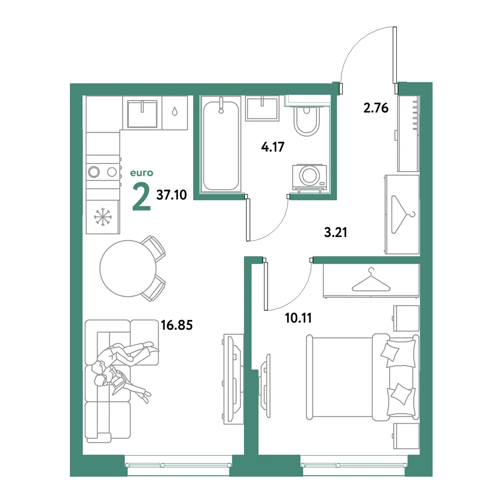 Планировка: Остров-сад 2-комнатная 37,10м²