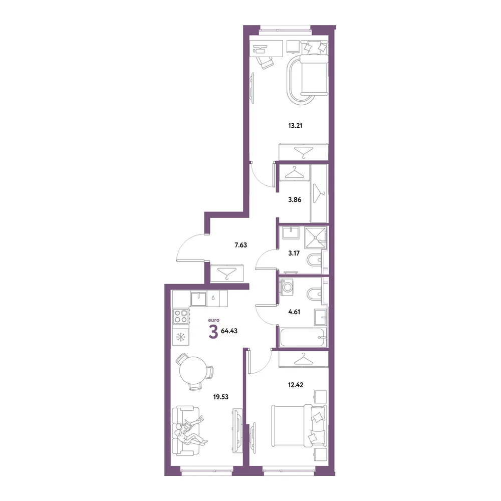 Планировка: Остров-сад 3-комнатная 64,43м²
