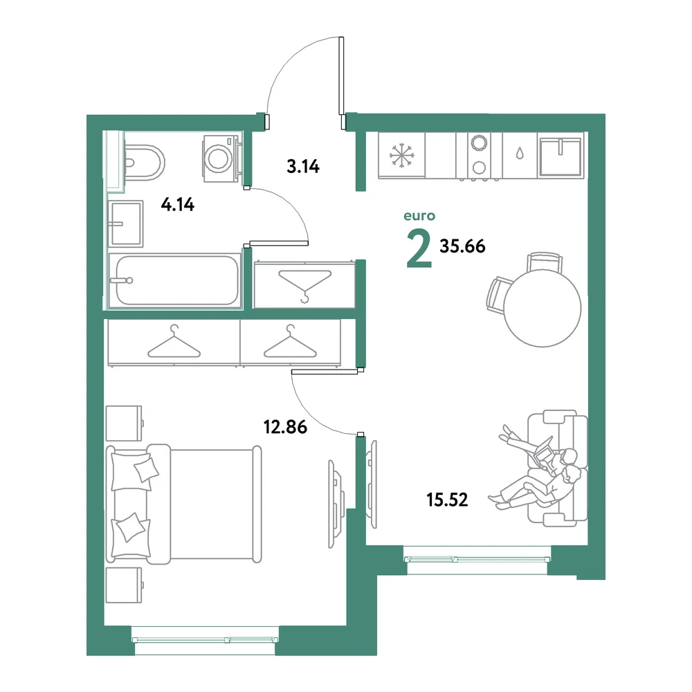 Планировка: Остров-сад 2-комнатная 35,66м²