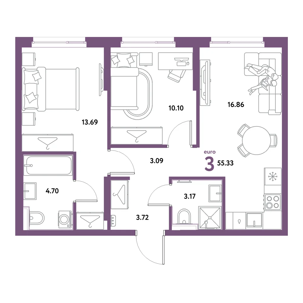 Планировка: Остров-сад 3-комнатная 55,33м²