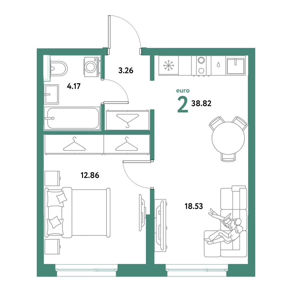 Планировка: Остров-сад 2-комнатная 38,82м²