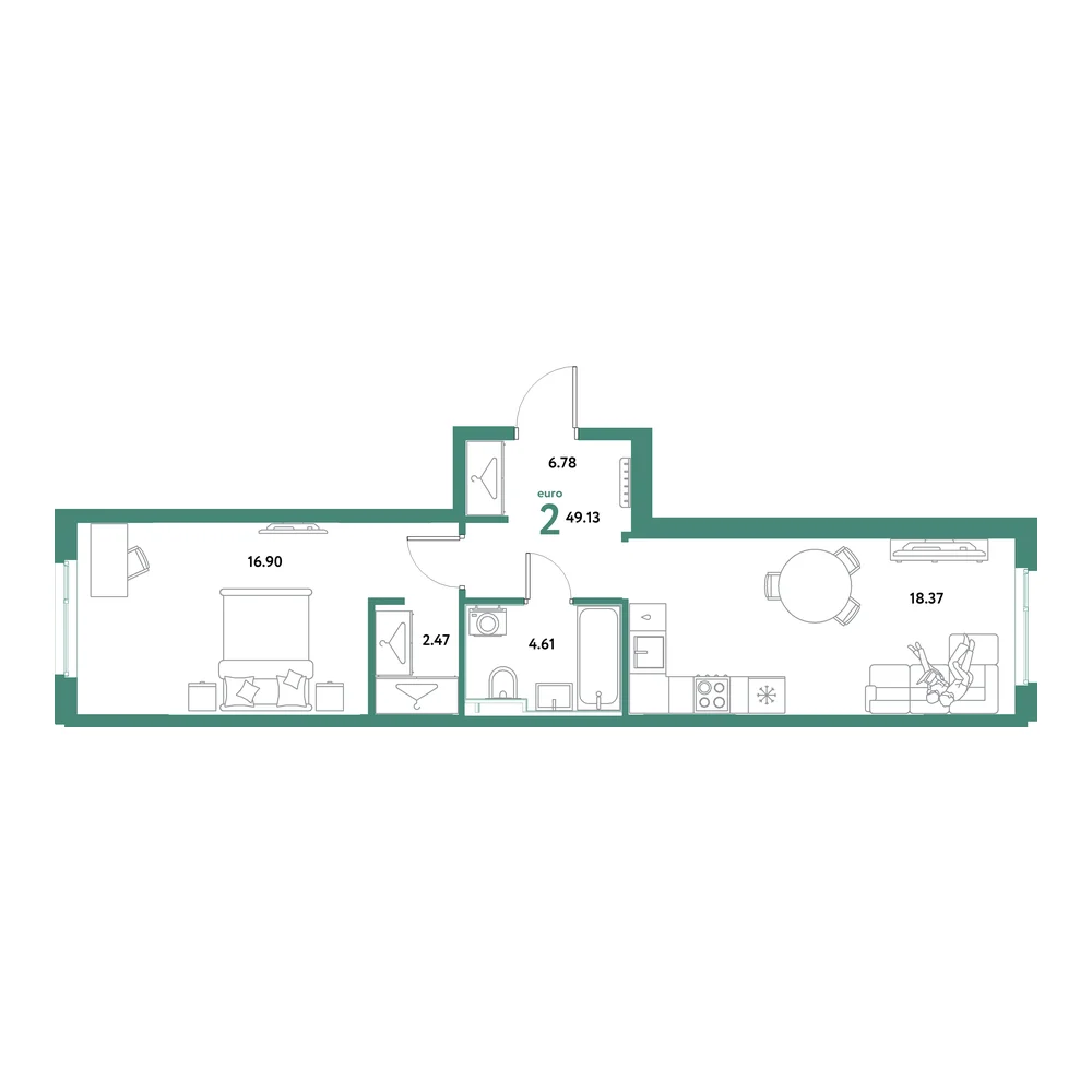 Планировка: Остров-сад 2-комнатная 49,13м²