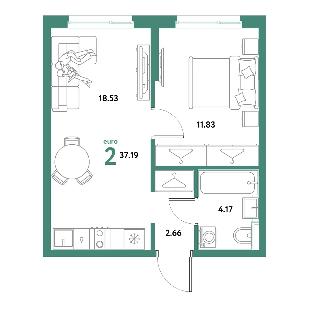 Планировка: Остров-сад 2-комнатная 37,19м²