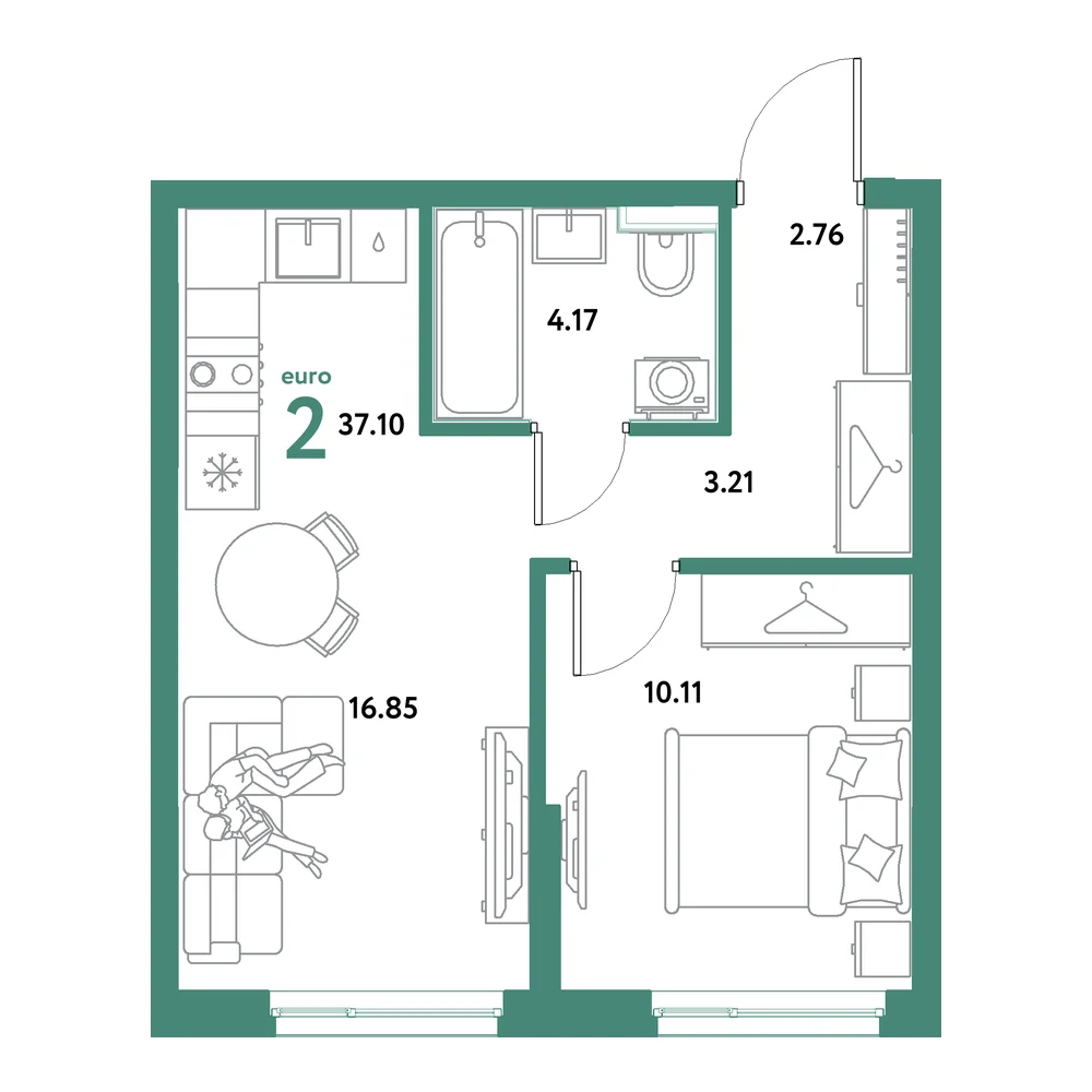 Планировка: Остров-сад 2-комнатная 37,10м²